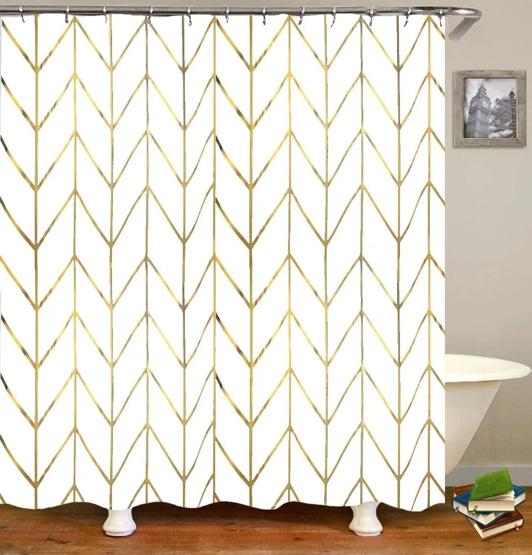 Shower Curtain with Gold Chevron, Geometric Pattern, Gold Shower Curtain Hooks/Rings, White Fabric Bathroom Decor Golden Stripes
Shower Curtain with Gold Chevron, Geometric Pattern, Gold Shower Curtain Hooks/Rings, White Fabric Bathroom Decor Golden Stripes