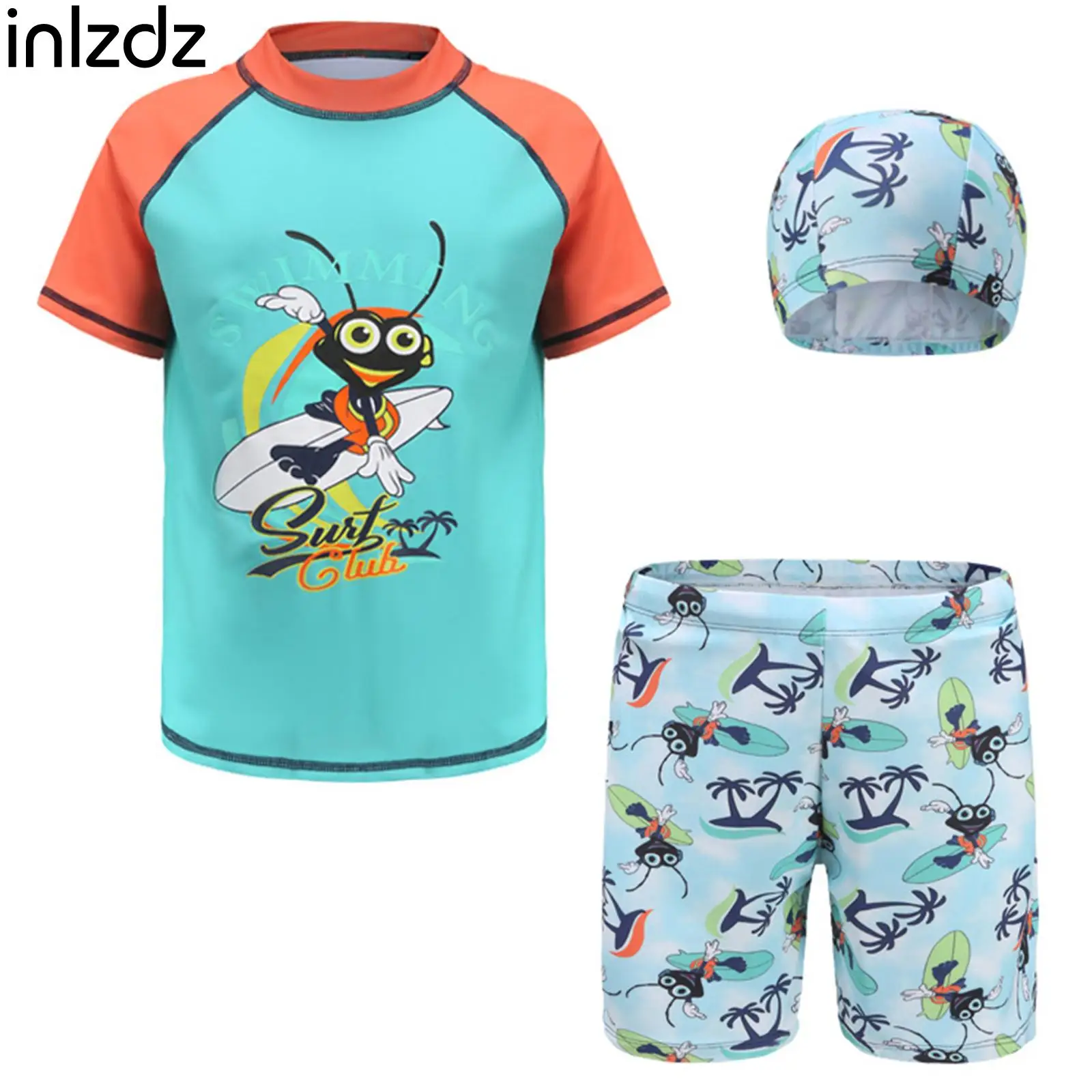 inIzdz Kids Boys 3Pcs Short Sleeve Swimming Sportswears Letter/Animal Print Top and Elastic Waist Trunk with Hat Rash Guard Sets
inIzdz Kids Boys 3Pcs Short Sleeve Swimming Sportswears Letter/Animal Print Top and Elastic Waist Trunk with Hat Rash Guard Sets