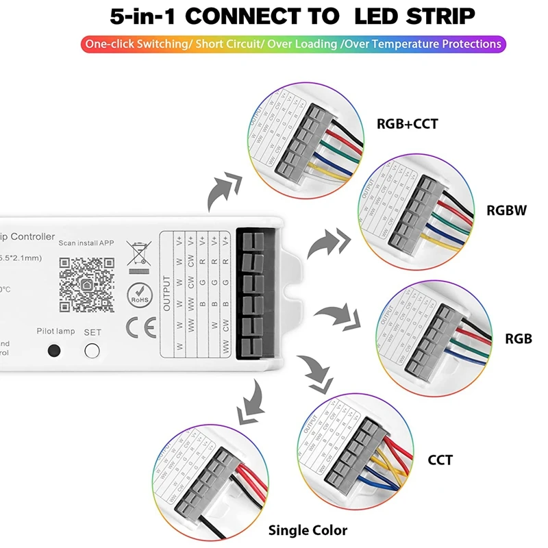 Wifi BT RF пульт дистанционного управления для RGB CCT RGBW светодиодная полоса освещения DC12-24V 5 в 1 Wifi и Bluetooth контроллер
Wifi BT RF пульт дистанционного управления для RGB CCT RGBW светодиодная полоса освещения DC12-24V 5 в 1 Wifi и Bluetooth контроллер