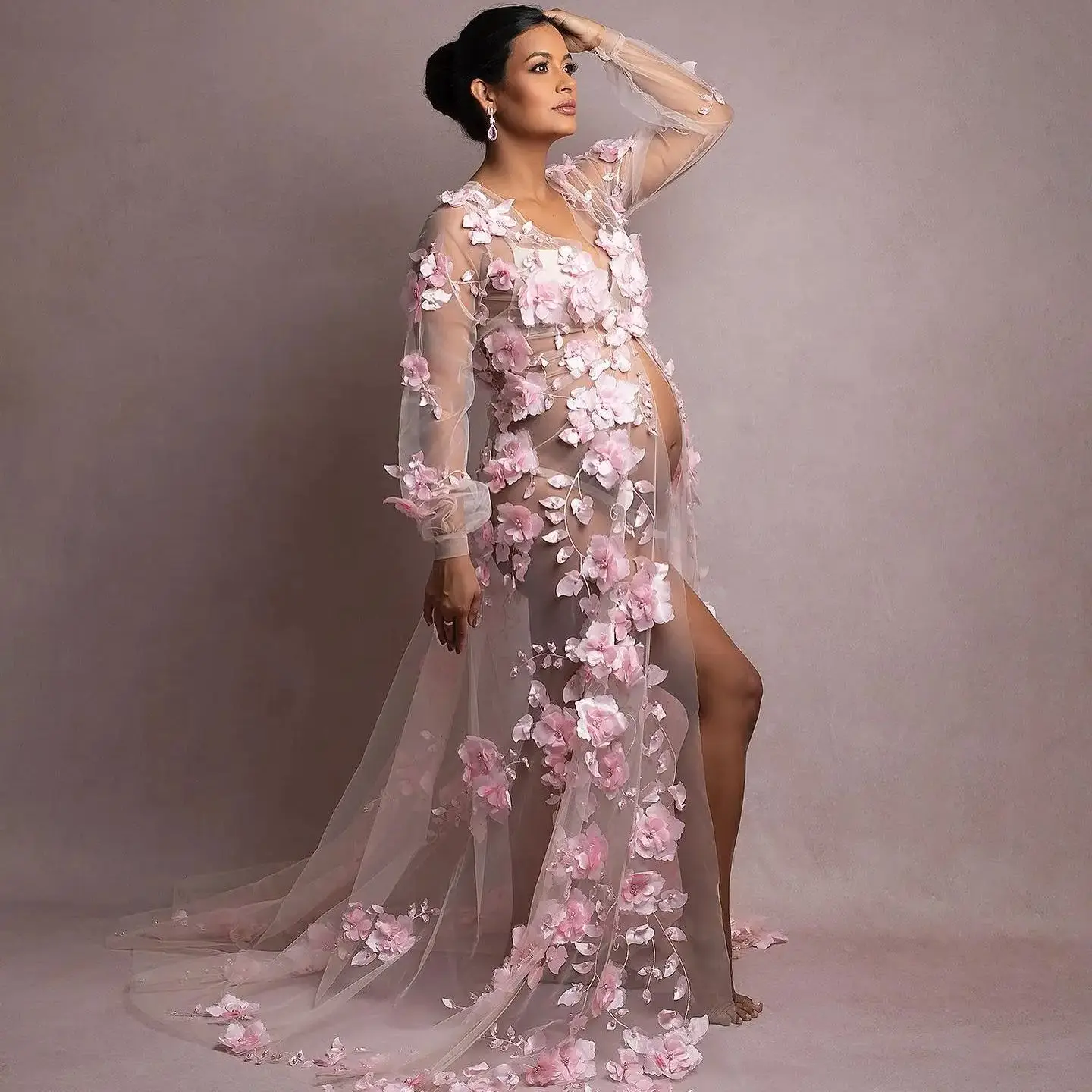 

Стильная одежда для беременных женщин платье для выпускного вечера с длинными рукавами с 3D цветами из тюля для фотосъемки платье для будущей мамы