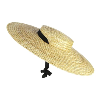 Women Raffia Wide Brim Boater Hat 12/15/18cm Brim Straw Hat Flat Women Summer With White Black Ribbon Tie Sun Hat Beach Cap