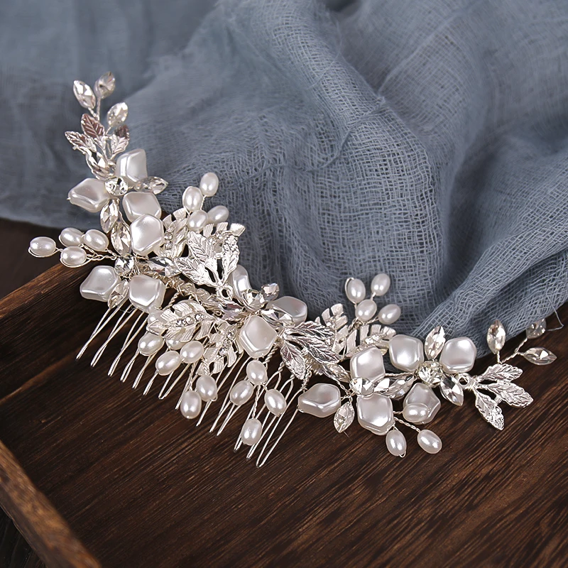 

Fashion Silver Color Tiaras Hair Combs For Wedding Hair Accessories Pearls Crystal Hair Jewelry Elegant Headpiece Women Clips