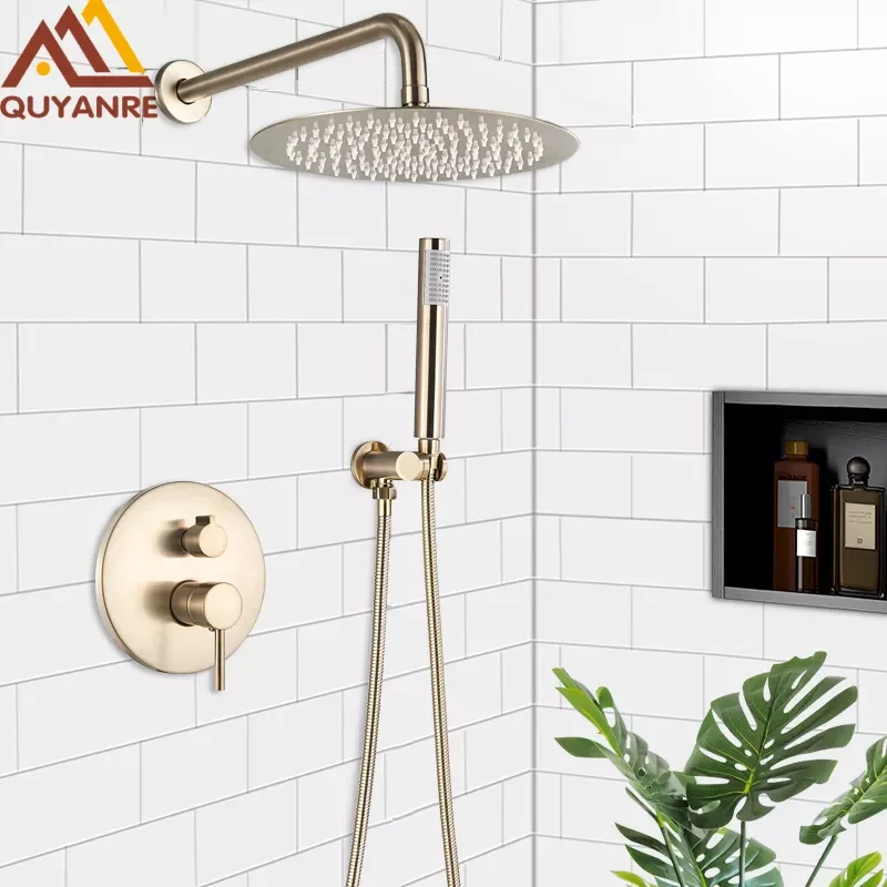 

Brushed Gold Shower Faucets Set Rainfall Shower System Concealed Hot Cold Water Mixer Tap Bathroom Round Shower Faucet