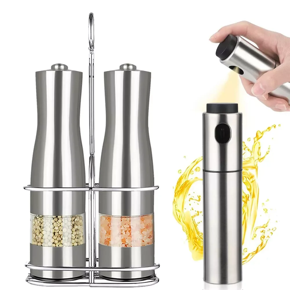 Electric Pepper Mill Stainless Steel Salt Shaker Pepper Grinder Set with Metal Stand and Oil Sprayer Kitchen Tool Spice Mill
Electric Pepper Mill Stainless Steel Salt Shaker Pepper Grinder Set with Metal Stand and Oil Sprayer Kitchen Tool Spice Mill