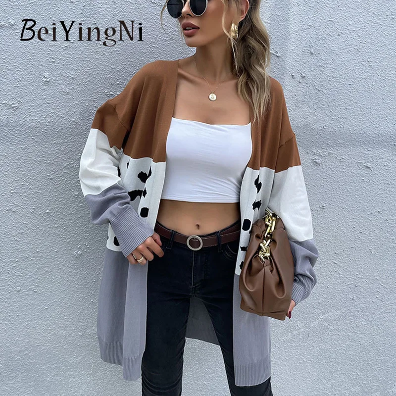 

Beiyingni Leopard Spell Color Sweater Women's Long Sleeve Loose Khaki V-neck Casual Female Cardigan Autumn Winter Vintage Tops