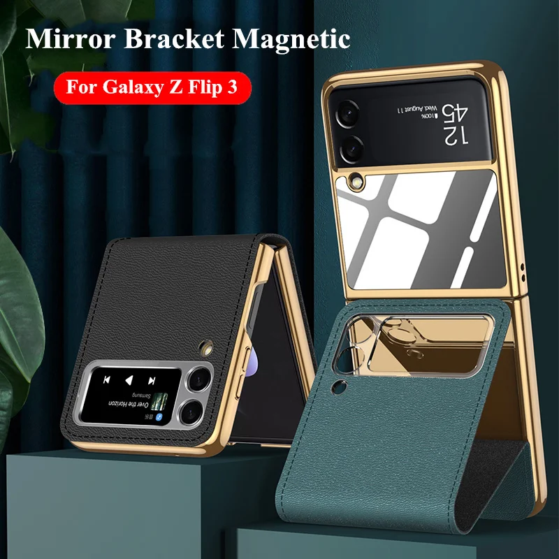 Leather Luxury Plating Magnetic Holder Case For samsung Galaxy z Flip 3 5g Clamshell Vertical Stand Case with Mirror z Flip3 
Leather Luxury Plating Magnetic Holder Case For samsung Galaxy z Flip 3 5g Clamshell Vertical Stand Case with Mirror z Flip3