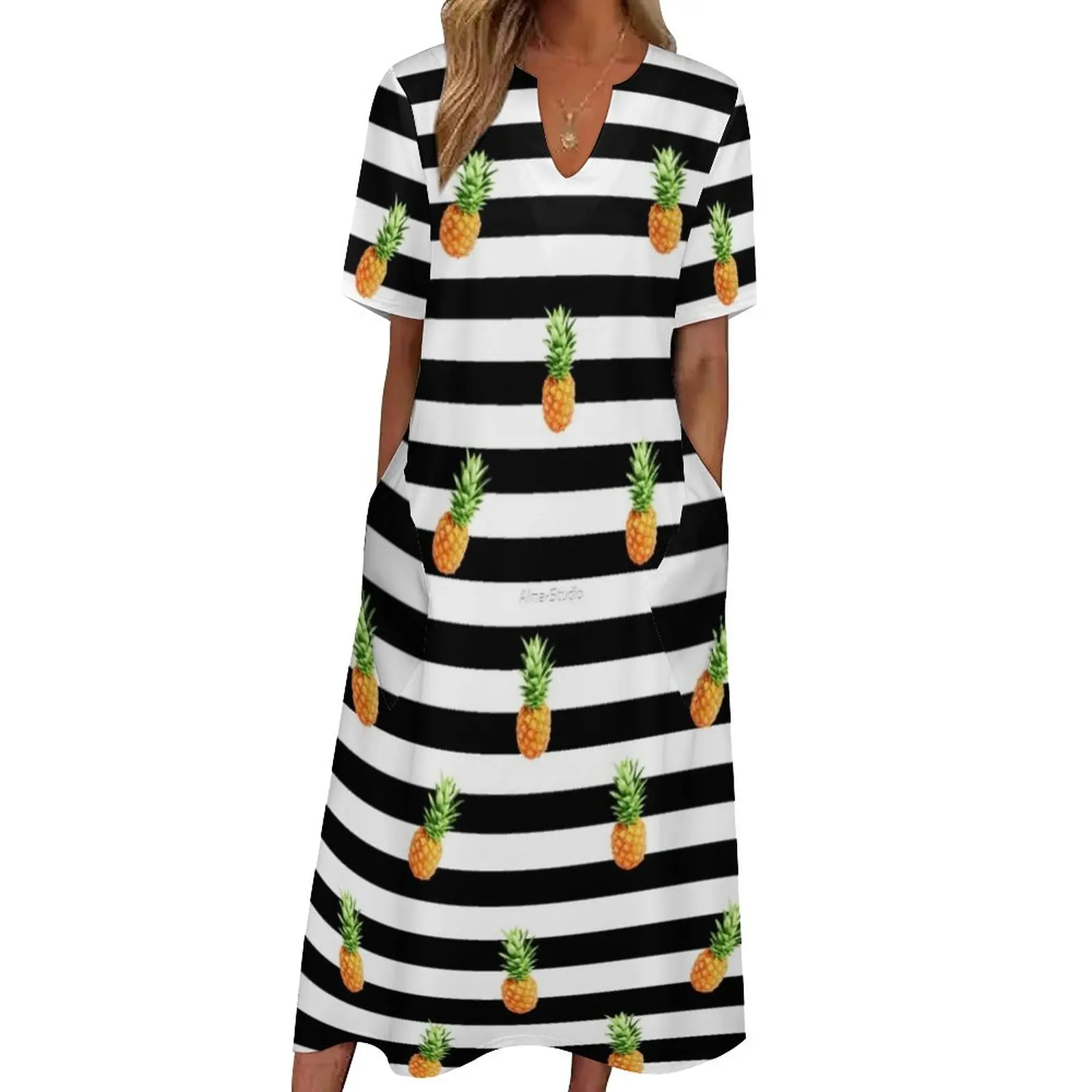 

Cute Pineapple Dress Black Stripes Print Sexy Maxi Dress Street Style Bohemia Long Dresses Short Sleeve Graphic Oversize Vestido