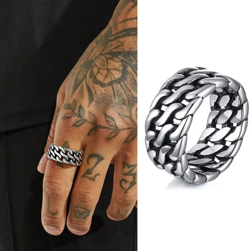 Curb Link Chain Ring, Stainless Steel Double Weaving Chain Rings, 10MM Wide Curb Link Chain Ring for Men Jewelry 
Curb Link Chain Ring, Stainless Steel Double Weaving Chain Rings, 10MM Wide Curb Link Chain Ring for Men Jewelry