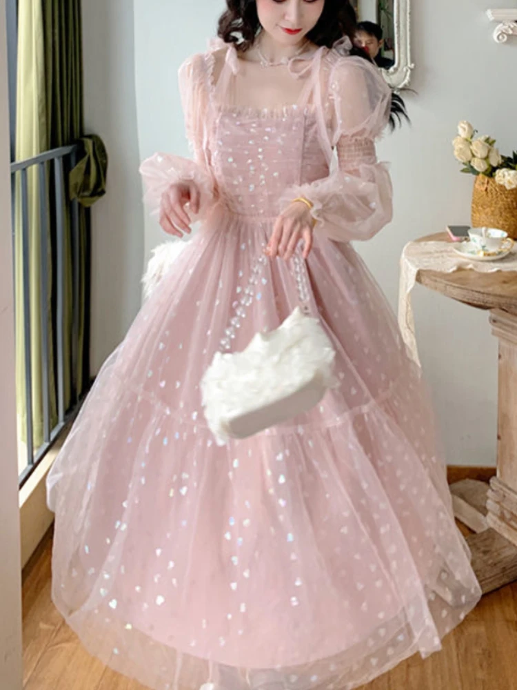Lace Elegant Sequin Fairy Dress Women Pink Patchwork Vintage Party Midi Dresses Female Casual Sweet Princess Kawaii Dress 2022
Lace Elegant Sequin Fairy Dress Women Pink Patchwork Vintage Party Midi Dresses Female Casual Sweet Princess Kawaii Dress 2022