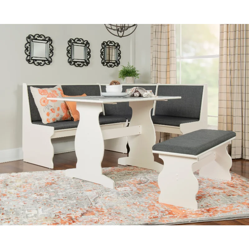 Linon Weston Corner Dining Breakfast Nook with Table and Bench, Seats 5-6, White Finish with Charcoal Fabric
Linon Weston Corner Dining Breakfast Nook with Table and Bench, Seats 5-6, White Finish with Charcoal Fabric