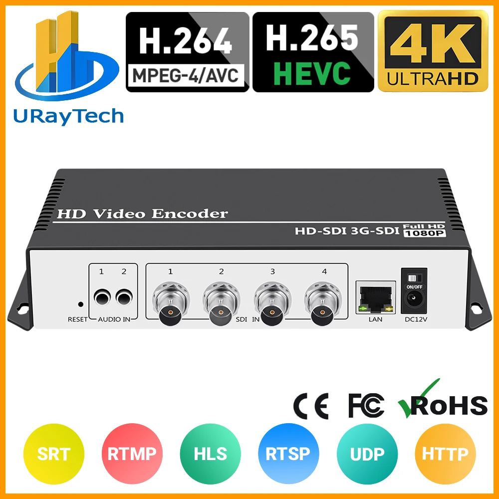 

4 Channels HEVC H.264 H.265 SD HD 3G SDI to IP Live Video Streaming Encoder Converter with RTMPS HTTP RTSP RTMP UDP ONVIF HLS