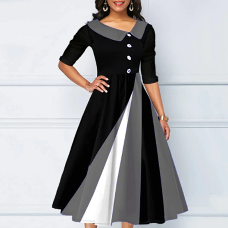 Women Striped Print Patchwork Hem A-Line Dress Spring Scarf Collar Button Office Lady Dress Autumn Half Sleeve Loose Party Dress
Women Striped Print Patchwork Hem A-Line Dress Spring Scarf Collar Button Office Lady Dress Autumn Half Sleeve Loose Party Dress