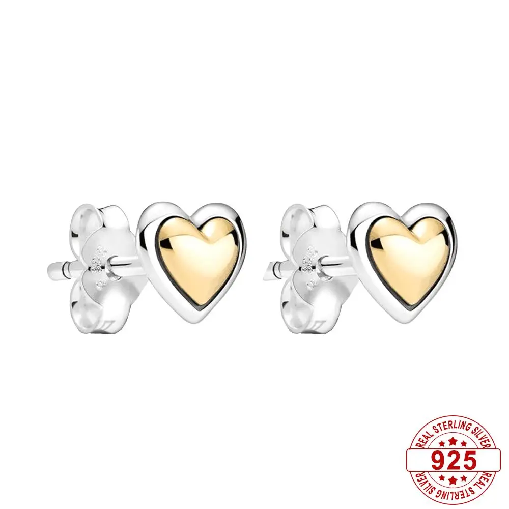 S925 Sterling Silver Domed Golden Heart Fashion Stud Earrings Fits Pandora Original Earrings Women Gifts DIY Jewelry 
S925 Sterling Silver Domed Golden Heart Fashion Stud Earrings Fits Pandora Original Earrings Women Gifts DIY Jewelry