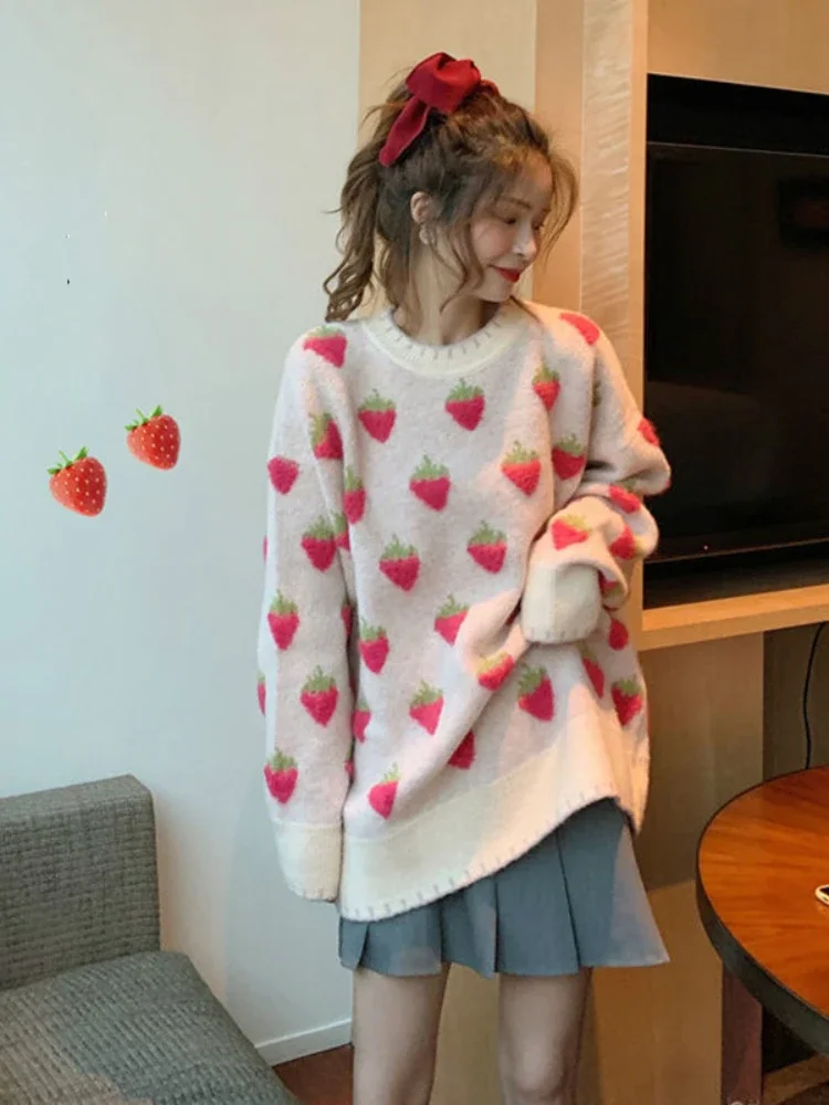 

2023 New Peach Strawberry Sweater Women Winter Loose Thick Warm Pullover Casual Korean Cute O-neck Jumper Knitted Tops