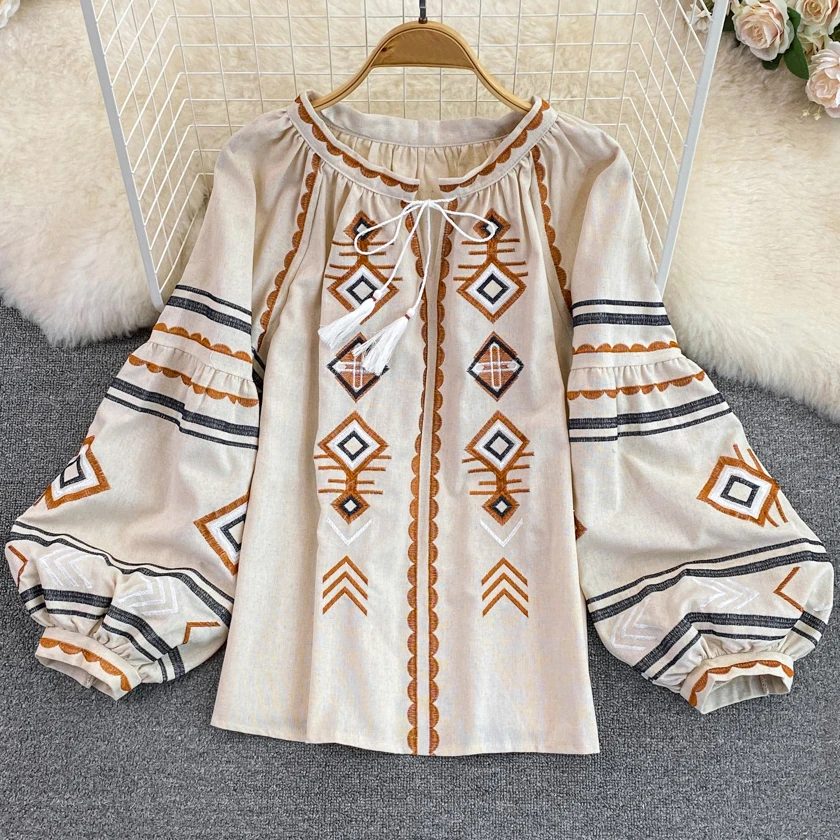 Vintage Ethnic Embroidery Loose Blouse Autumn Beach Ladies Blusas Boho Lantern Long Sleeve Blouses Shirts for Women Tops
Vintage Ethnic Embroidery Loose Blouse Autumn Beach Ladies Blusas Boho Lantern Long Sleeve Blouses Shirts for Women Tops