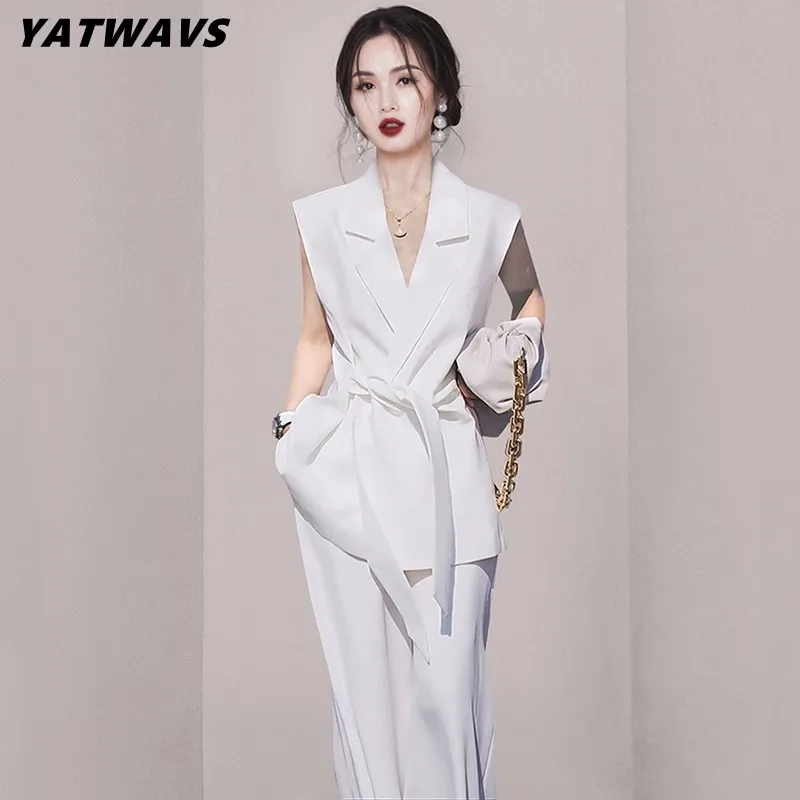 Женская белая одежда для работы, комплект из 2 предметов, высококачественный темпераментный жилет без рукавов, верхняя одежда с широкими штанинами, элегантная женская одежда 
Женская белая одежда для работы, комплект из 2 предметов, высококачественный темпераментный жилет без рукавов, верхняя одежда с широкими штанинами, элегантная женская одежда