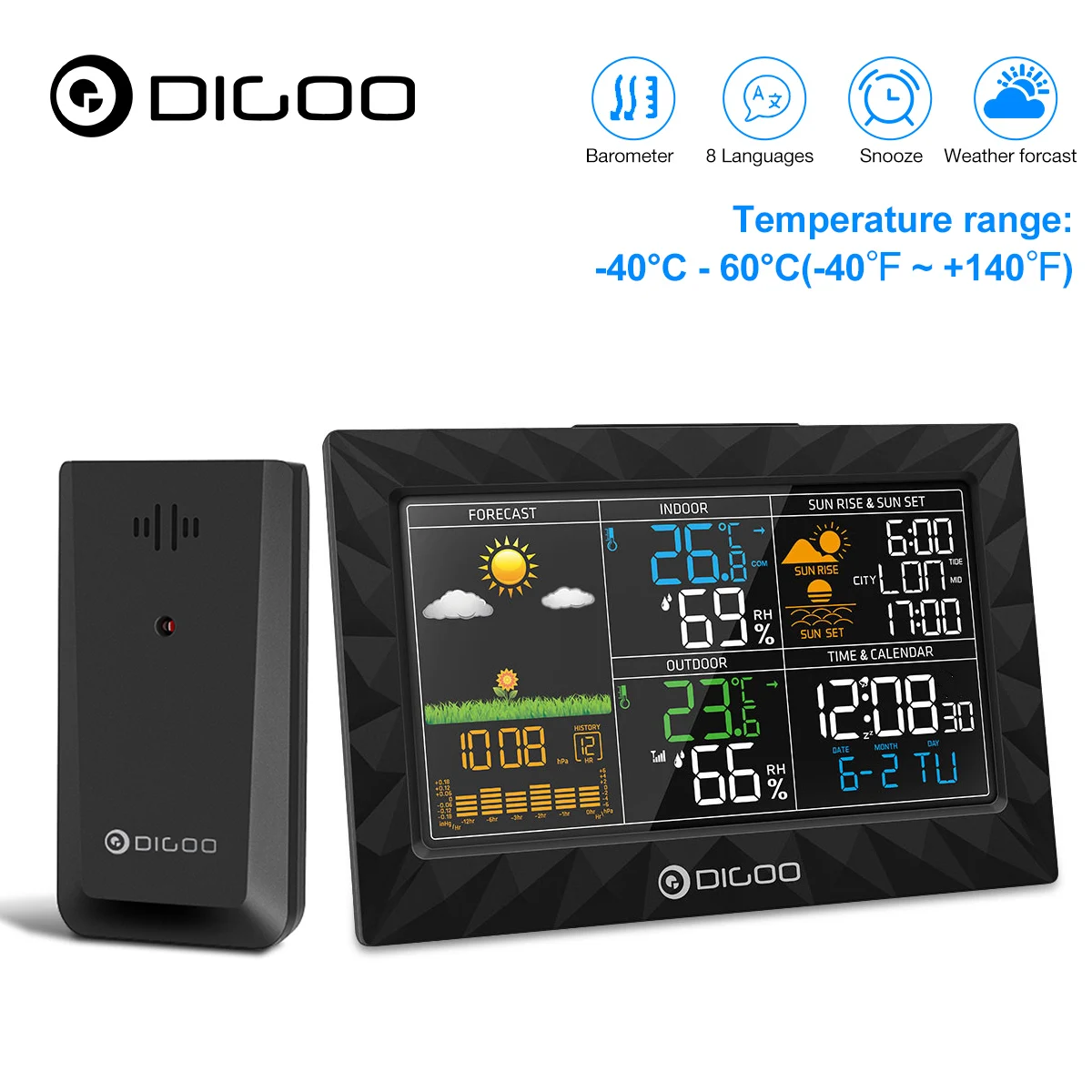 Метеостанция DIGOO с ЖК-дисплеем, гигрометр, термометр, измеритель, беспроводной датчик повтора для дома и улицы, с будильником, календарем
Метеостанция DIGOO с ЖК-дисплеем, гигрометр, термометр, измеритель, беспроводной датчик повтора для дома и улицы, с будильником, календарем