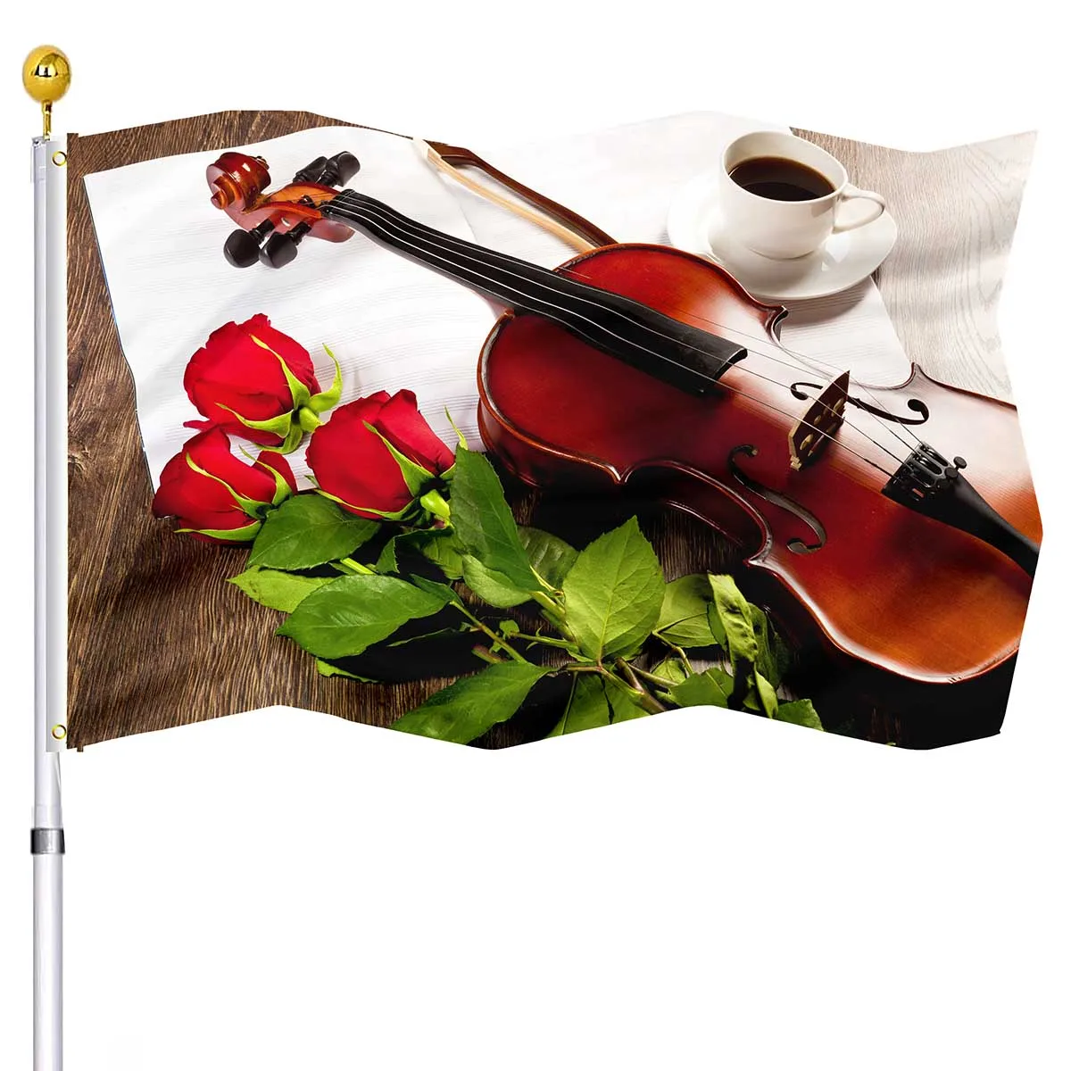 

Скрипка, музыкальный флаг, яркие розы, цветы, сшитые флаги, баннеры с латунными кольцами, украшения для дома и улицы