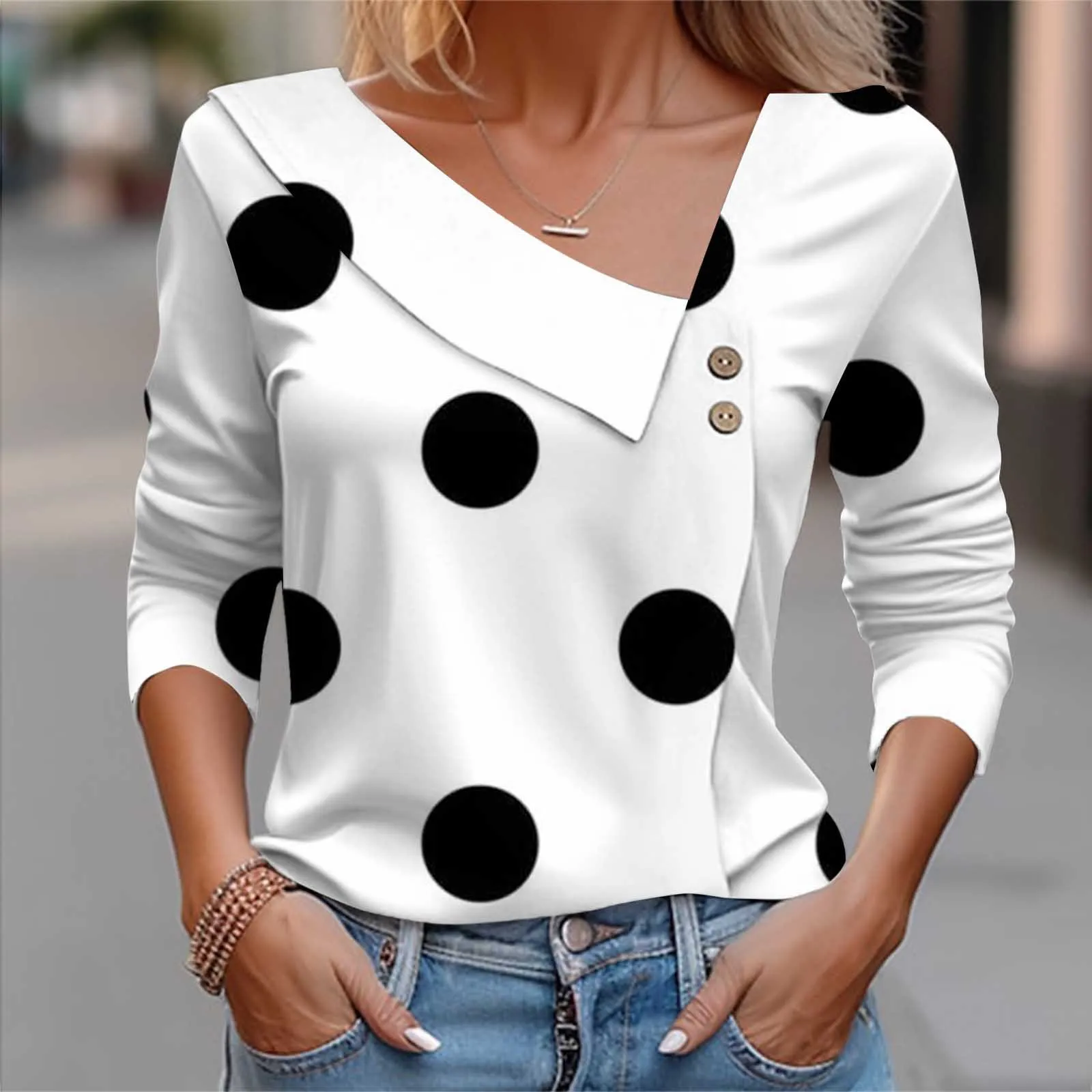 

Polka Dot Print For Women 2023 Tops Sexy Skew Neck Tunic Tops With Button Casual Long Sleeve Shirt Casual Tops Women Sweatshirt