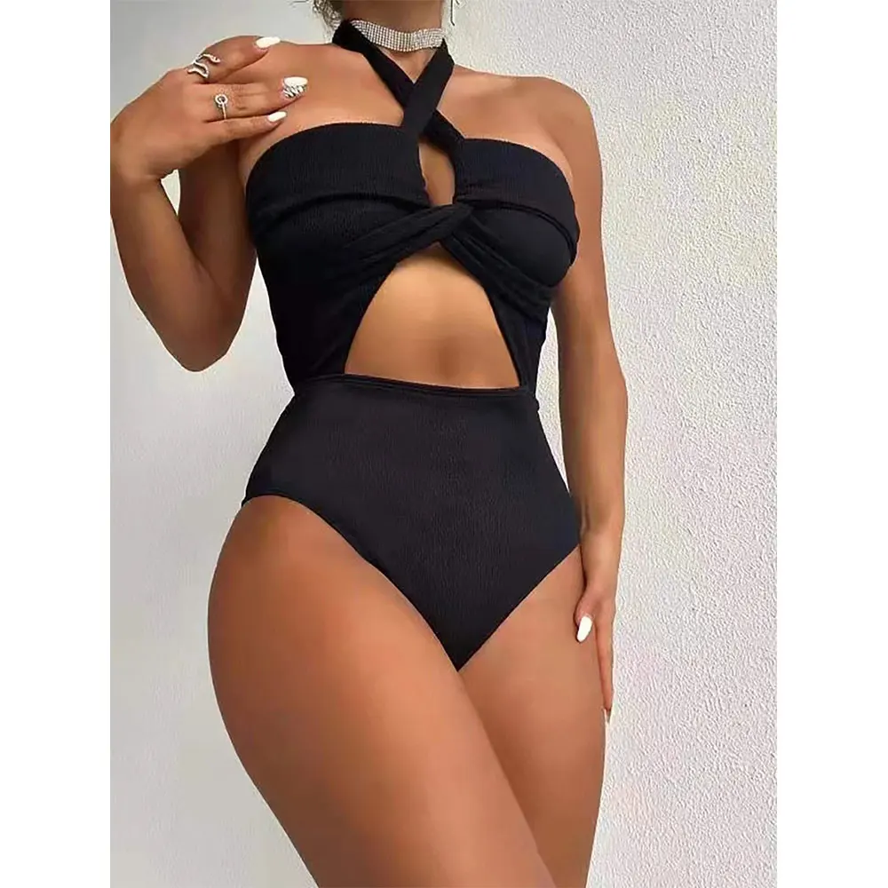 

Women's Soild One Piece Swimsuit Cutout Halter Lace Up Twist Bathing Suit Front Cross Keyhole Tummy Control Backless Beach Wear