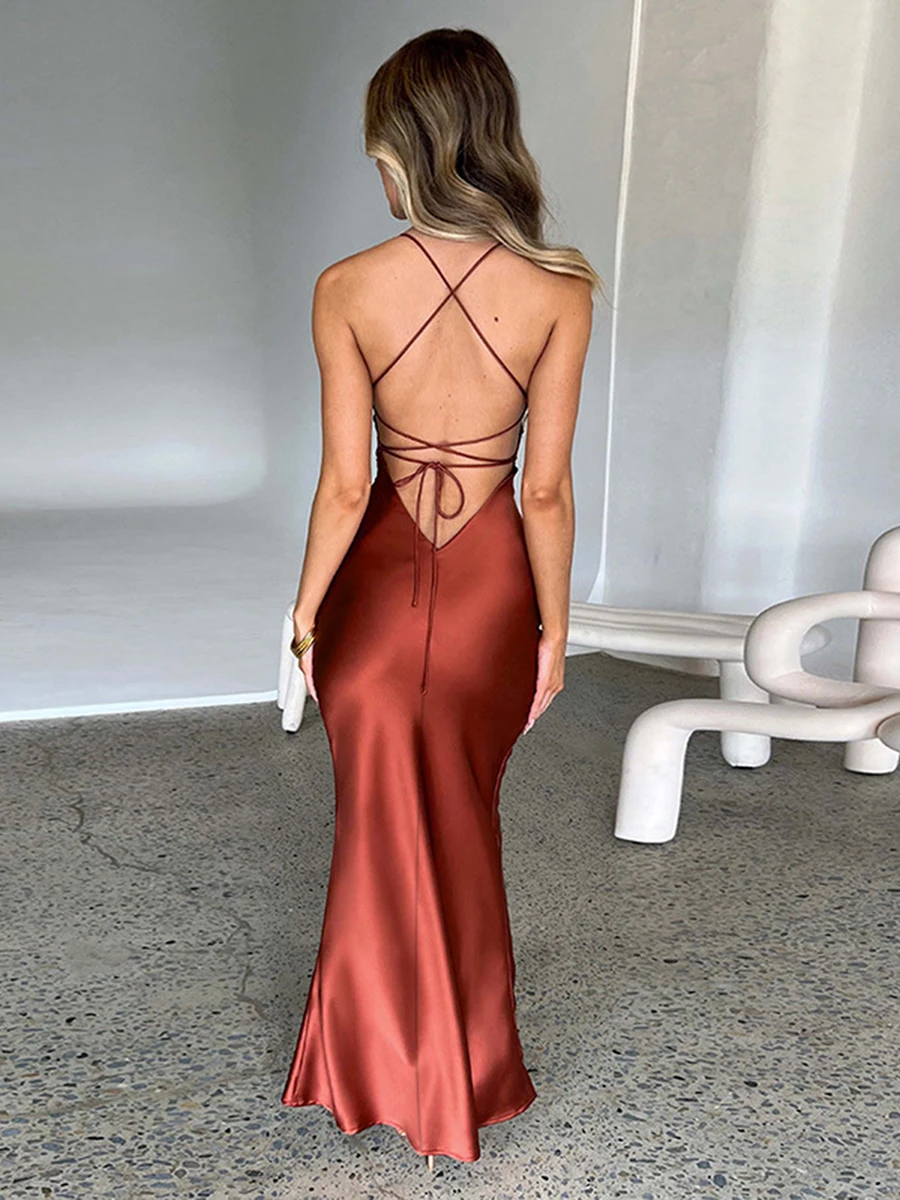 

Stunning Satin Backless with Low Cut Spaghetti Straps - Perfect for Summer Parties and Elegant Occasions