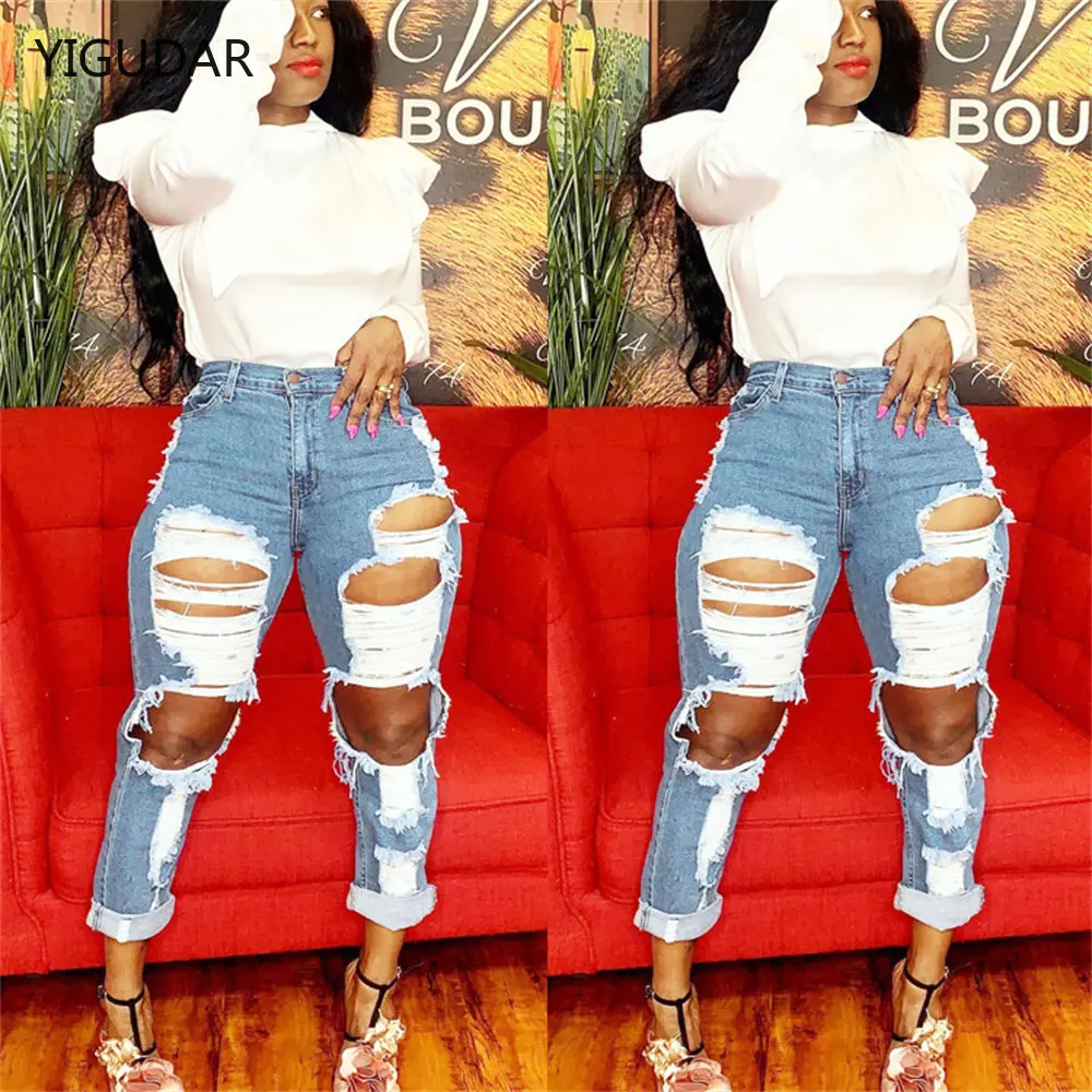 

Ripped Women Skinny Jeans High Waist Denim Blue Pants Causal Sexy Jean Pants For Women Mom Jeans Full Length Female New Trousers