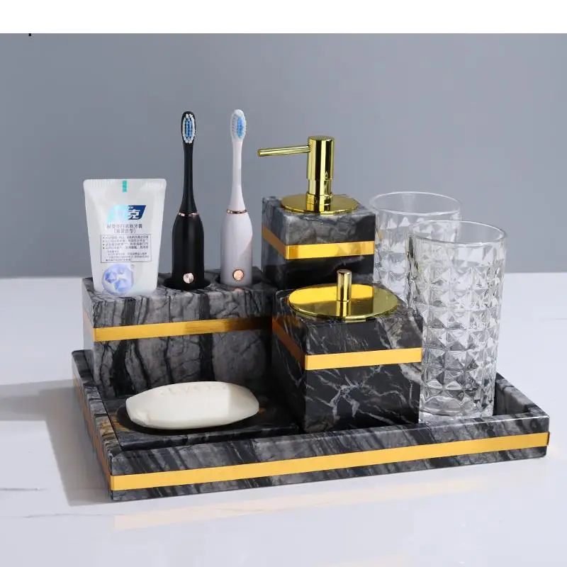 

Nordic Bathroom Kit Marble Liquid Soap Dispenser Toothbrush Holder Mouth Cup Cotton Swab Box Soap Dish Tissue Box Washing Tools