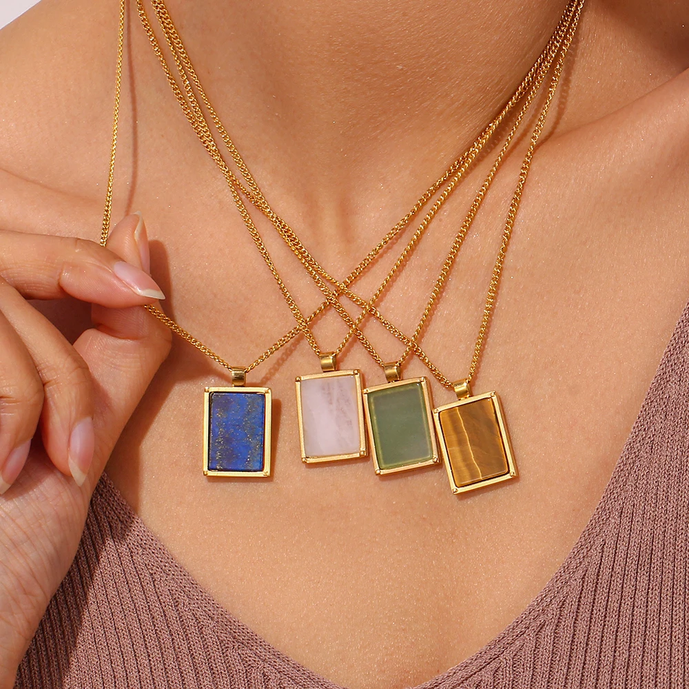 Popular Aventurine Lapis Pink Crystal Tiger Eye Rectangular Natural Stone Pendant Necklaces 18K Gold Plated Necklace for Women
Popular Aventurine Lapis Pink Crystal Tiger Eye Rectangular Natural Stone Pendant Necklaces 18K Gold Plated Necklace for Women