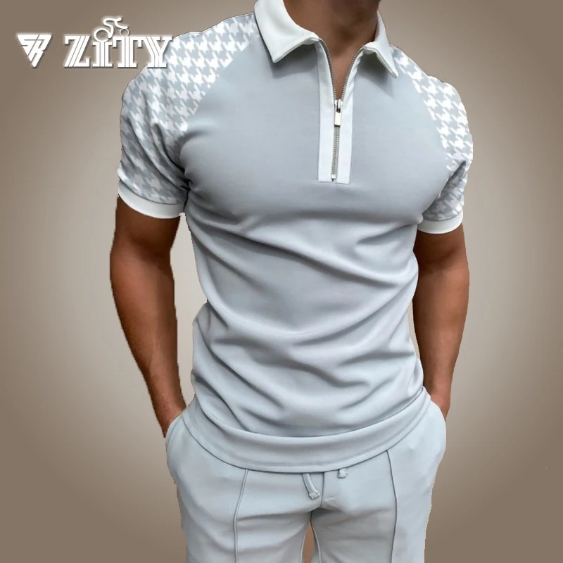 

ZITY Men's Polo Shirt Print Patchwork Short Sleeve Shirts Male Summer Fashion Zipper Turn-Down Collar Polos Brand Clothing