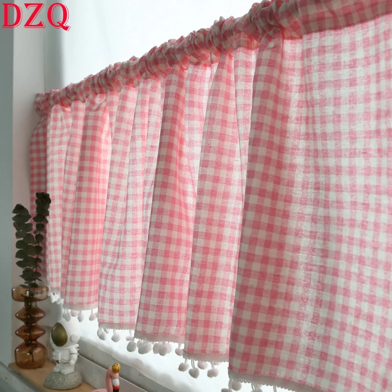 

Корейские милые розовые кружевные шторы в клетку для кухни, Короткие японские шторы с белыми бусинами для бара, кухни, домашний декор # A024