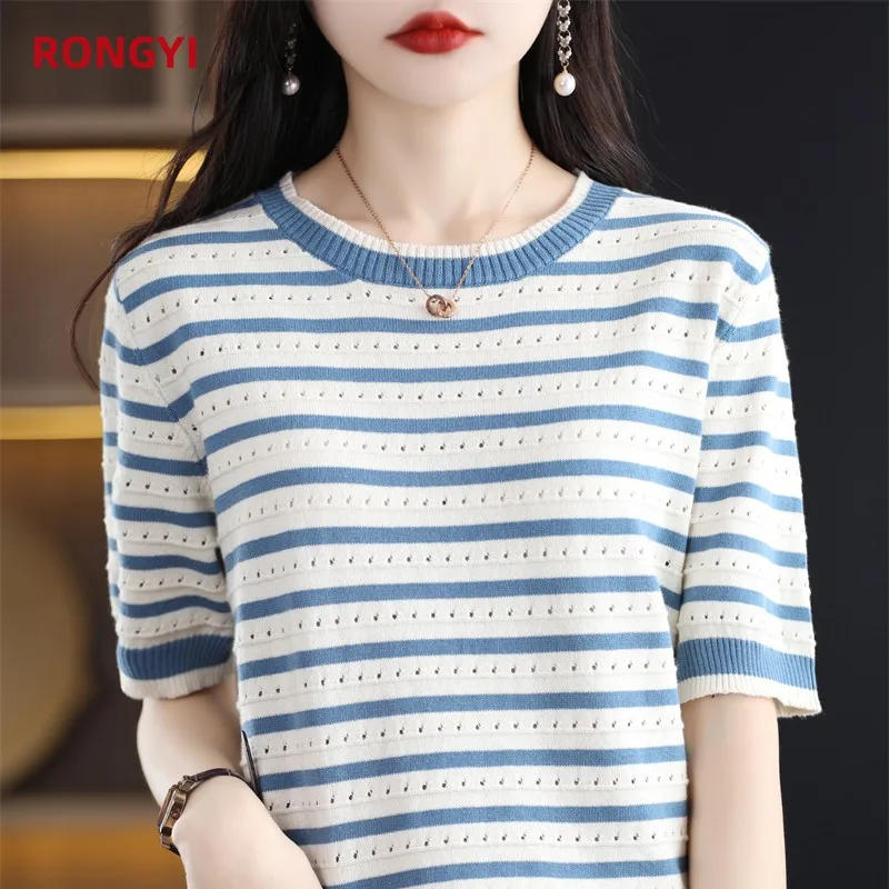 RONGYI 2023 Summer New Cotton Short-sleeved T-shirt Women Knitted Round Neck Striped Half-sleeve T-shirt Simple Loose Top Women
RONGYI 2023 Summer New Cotton Short-sleeved T-shirt Women Knitted Round Neck Striped Half-sleeve T-shirt Simple Loose Top Women