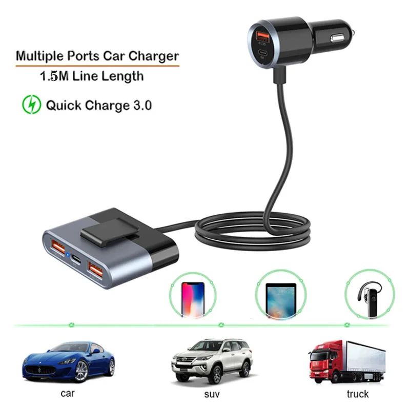 Multi Ports USB Car Charger Quick Charge QC3.0 1.5M Extension Cable Mobile Power 12V/24V Universal Fast Charging Car Kit
Multi Ports USB Car Charger Quick Charge QC3.0 1.5M Extension Cable Mobile Power 12V/24V Universal Fast Charging Car Kit