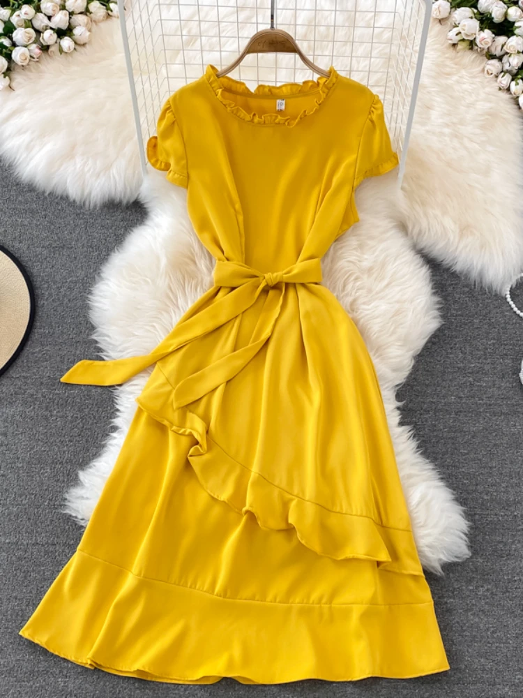 2022 Summer Dress for Women Temperament High Waist A-line Robe Femme Ruffled Sleeveless O-neck Vestidos 
2022 Summer Dress for Women Temperament High Waist A-line Robe Femme Ruffled Sleeveless O-neck Vestidos