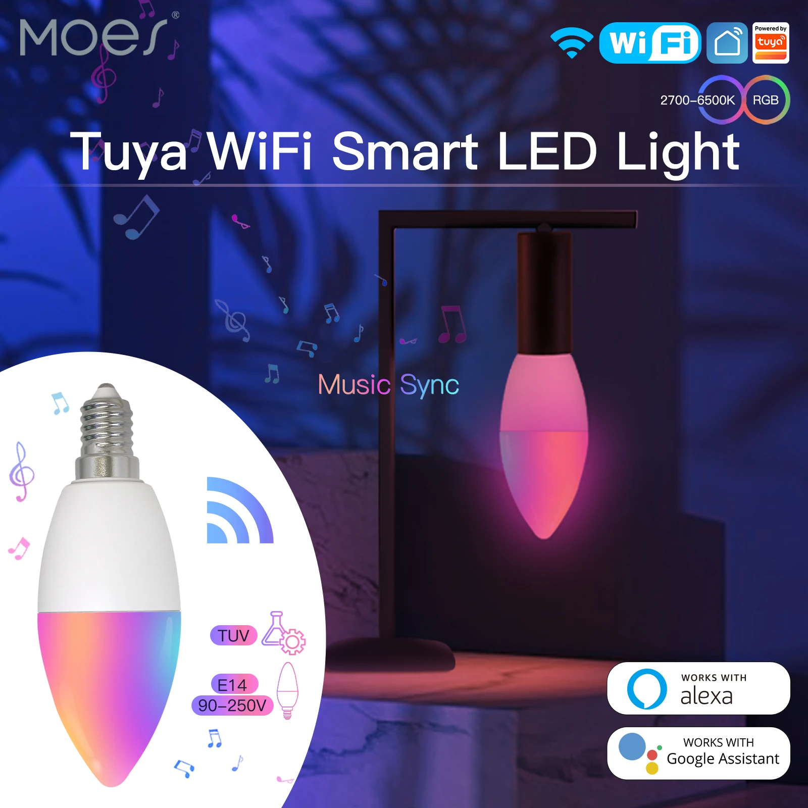 

MOES WiFi Smart LEDLight Bulb E14 Candle Lamp 16Million RGBCCT 2700-6500K Dimmable Candelabra Light Tuya Alexa Google 90-250V 6W