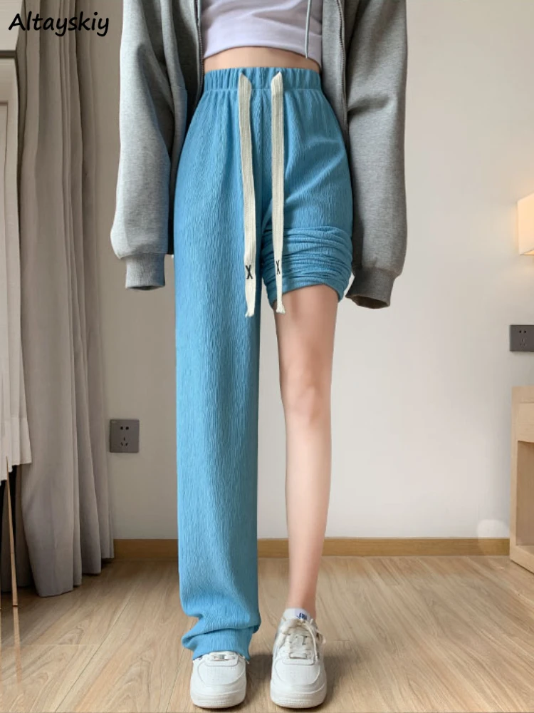 

Floor Length Pants Women Drawstring Wide Leg High Waisted Cool Streetwear Casual All-match Loose Teens Mujer Trousers Fashion BF