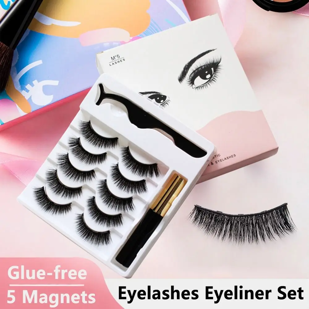 

New 5Pairs Magnetic Eyelashes 5 Magnet 3D Mink Eyelashes Set With Eyeliner Tweezers Natural False Lashes Faux Cils Magnetique