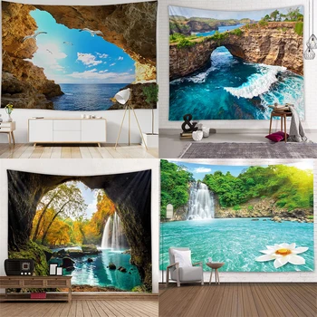 Ocean Wall Tapestry Landscape Forest Waterfall Lotus Cloth Hanging Tapestries Decor Carpet Beach Home