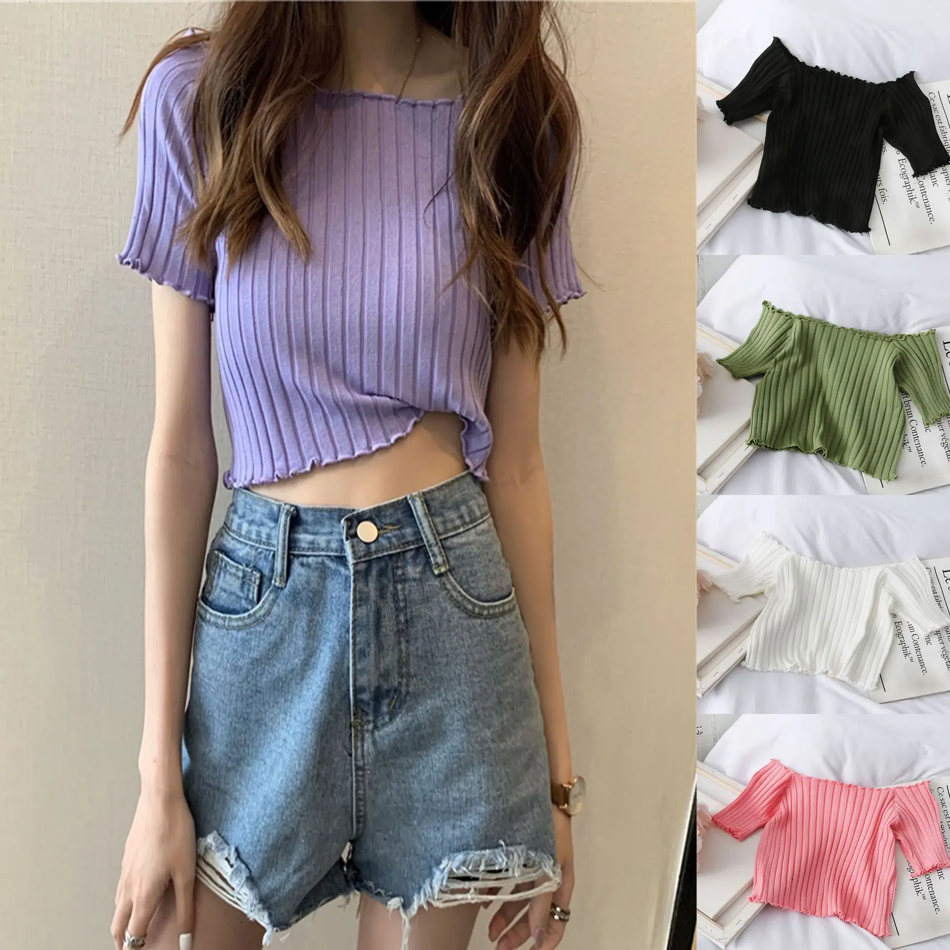 Ladies Off Shoulder T-Shirts Knit Ruffle Hem Cropped Tops 2022 Women's Summer Tops Women's Short Sleeves T-Shirts
Ladies Off Shoulder T-Shirts Knit Ruffle Hem Cropped Tops 2022 Women's Summer Tops Women's Short Sleeves T-Shirts