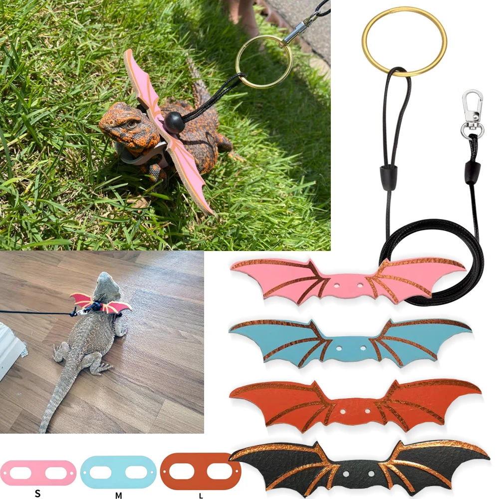 

2022New Lizard Leash Traction Rope Adjustable Bearded Dragon Harness Leather Reptiles Leash With Bat Wing Shaped Harness Costume