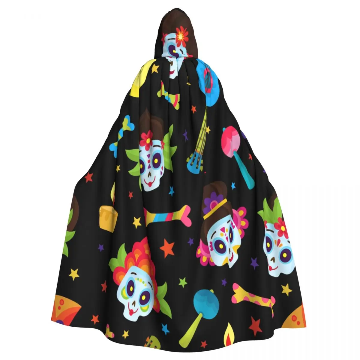 

Adult Cloak Cape Hooded Sugar Skulls Mexican Day Of The Dead Medieval Costume Witch Wicca Vampire Elf Purim Carnival Party