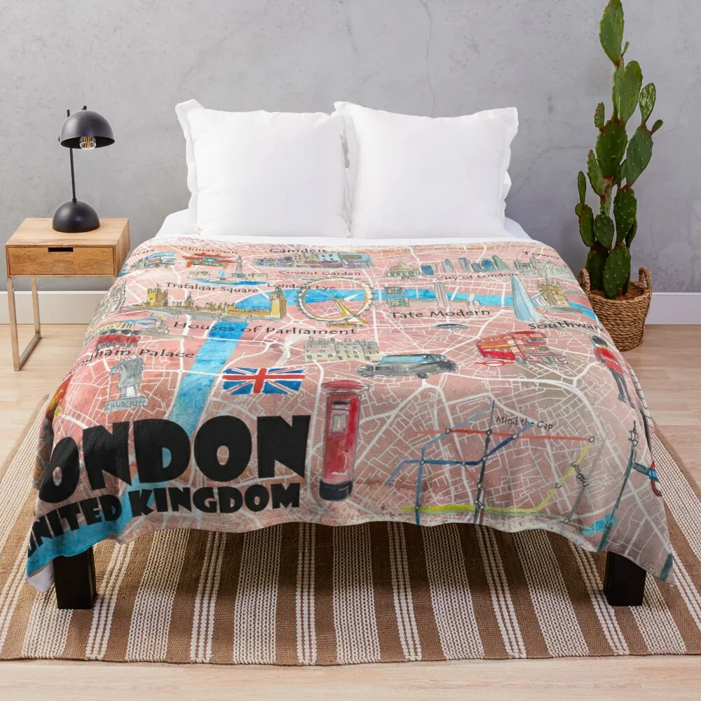 

London UK Illustrated Map with Main Roads, Landmarks & Highlights Throw Blanket