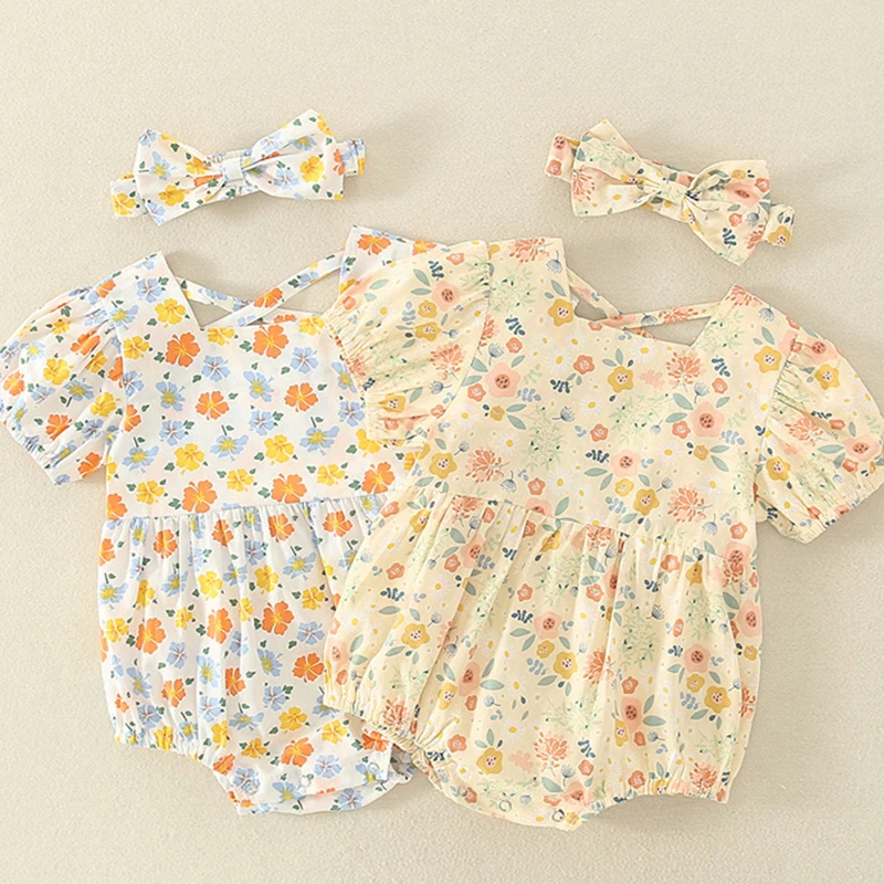 Детский летний комбинезон с коротким рукавом и лентой для волос 
Детский летний комбинезон с коротким рукавом и лентой для волос