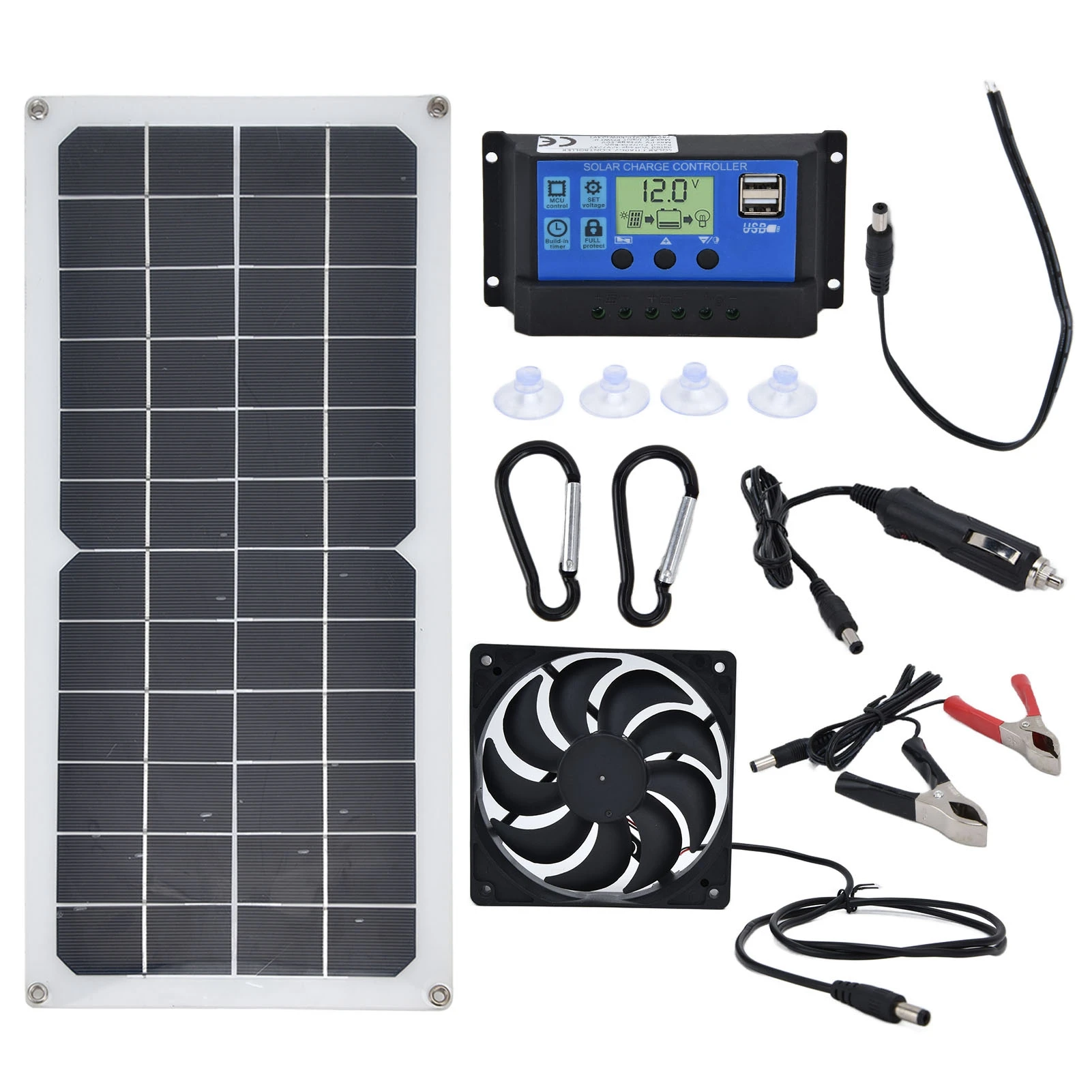 10W Solar Panel with 60A Controller Exhaust Fan Dual USB Female Ports for RV Boat Plane Satellites 
10W Solar Panel with 60A Controller Exhaust Fan Dual USB Female Ports for RV Boat Plane Satellites