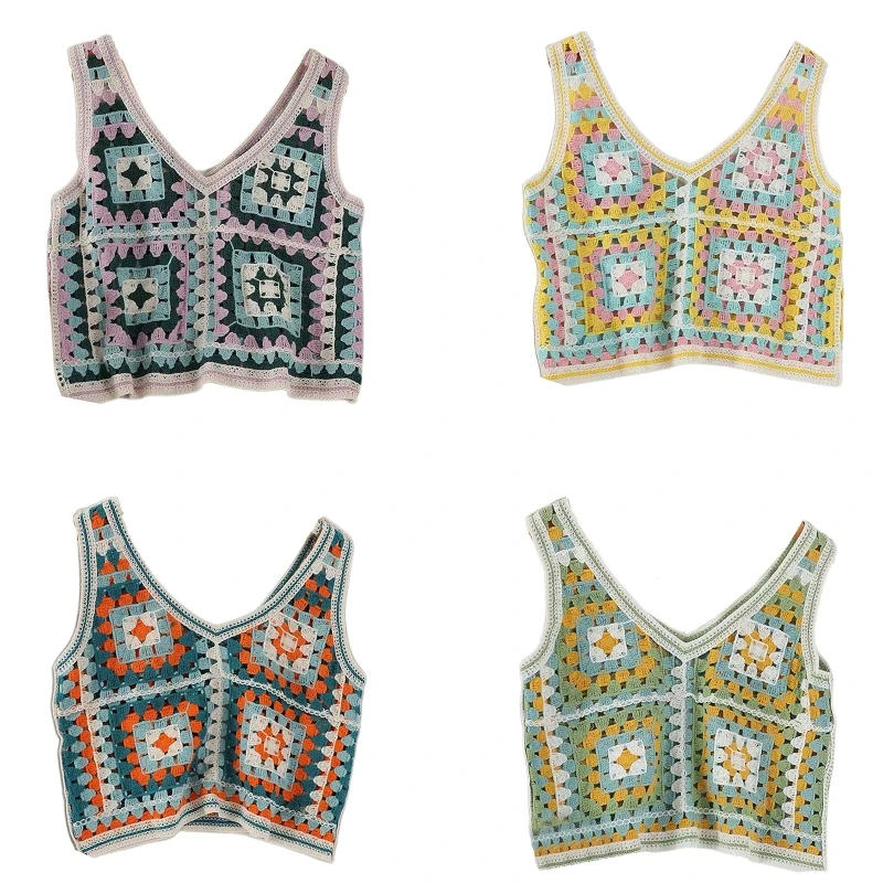 Women Crochet Sleeveless Crop Top V-Neck Multicolor Square Pattern Knitted Vest
Women Crochet Sleeveless Crop Top V-Neck Multicolor Square Pattern Knitted Vest