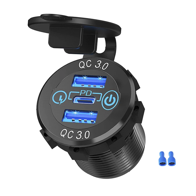 

12V/24V Triple Aluminum Metal 60W USB-C Multiple Car Charger Socket PD3.0 & Two QC3.0 Ports with Touch Switch Fast Car Adapter