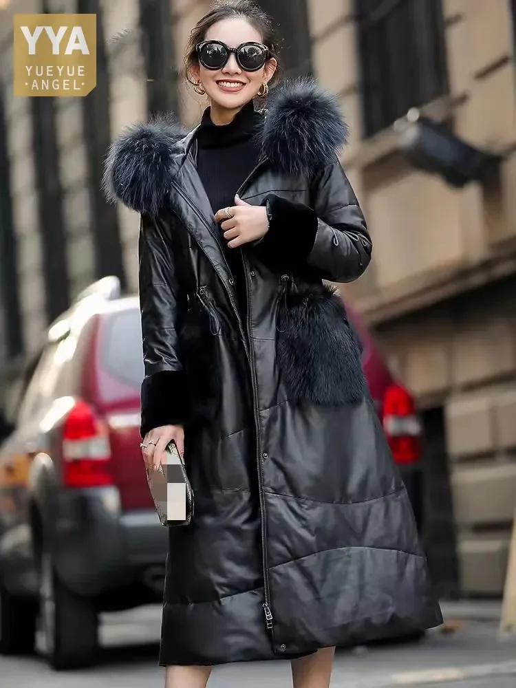 Luxury Raccoon Fur Collar Hooded Women Genuine Leather Down Coat Winter Warm Loose Elegant Fashion Natural Sheepskin Long Coat
Luxury Raccoon Fur Collar Hooded Women Genuine Leather Down Coat Winter Warm Loose Elegant Fashion Natural Sheepskin Long Coat