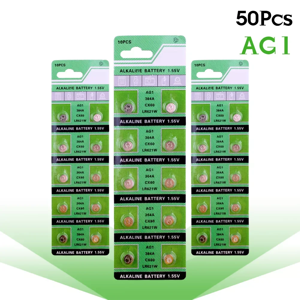 50 шт., щелочные кнопочные батарейки AG1 1,55 В 364 SR621SW LR621 621 LR60 CX60 
50 шт., щелочные кнопочные батарейки AG1 1,55 В 364 SR621SW LR621 621 LR60 CX60