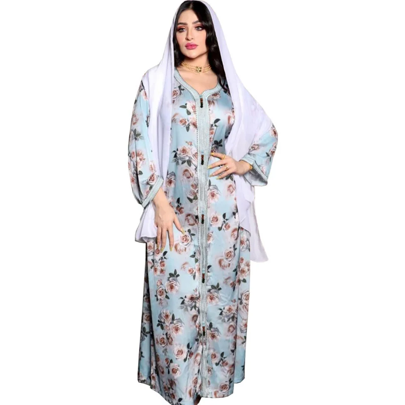 Elegant Muslim Moroccan Jalabiya Dubai Floral Long Dress for Women Ramadan Eid-al-Adha 2023 Blue Tape Trim V Neck Long Sleeve 
Elegant Muslim Moroccan Jalabiya Dubai Floral Long Dress for Women Ramadan Eid-al-Adha 2023 Blue Tape Trim V Neck Long Sleeve