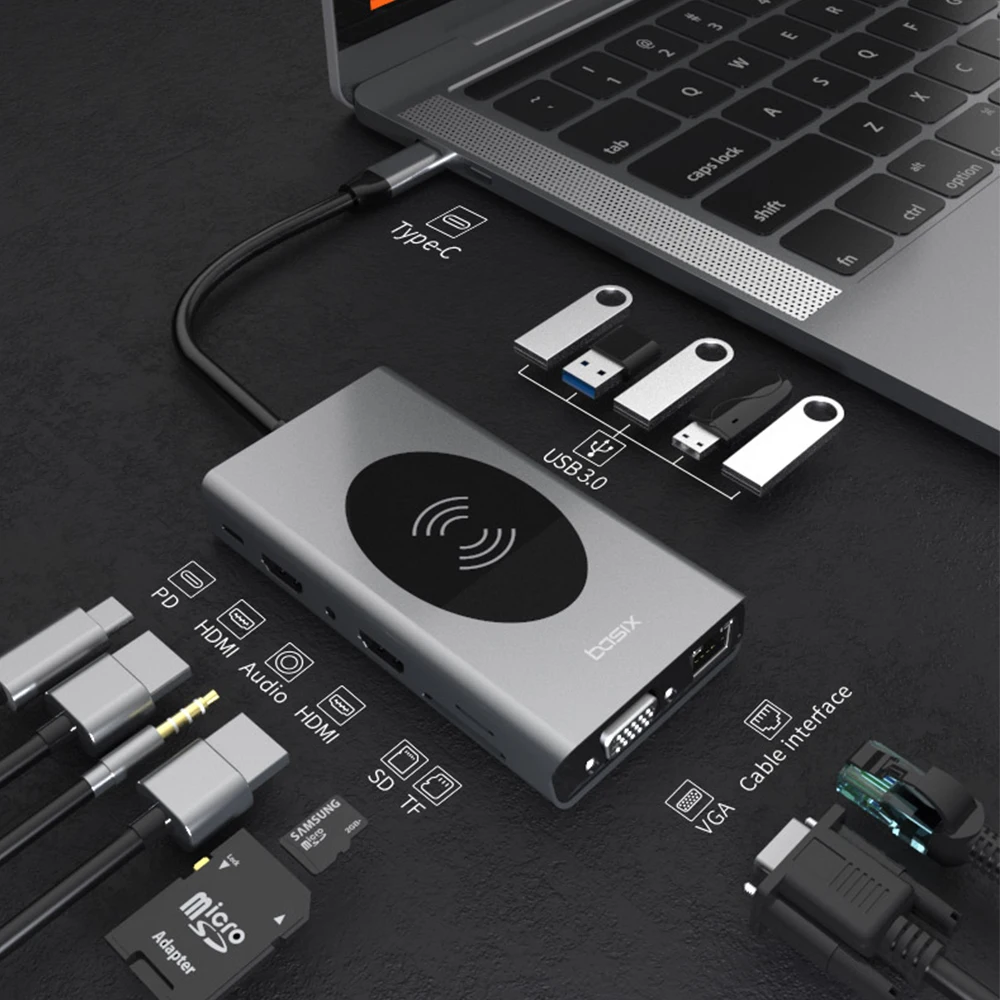 14 in 1 Type C HUB 4K Docking Station HDMI-compatible 3.5mm Audio SD TF VGA RJ45 USB 3.0 Docking Station With Wireless Charger
14 in 1 Type C HUB 4K Docking Station HDMI-compatible 3.5mm Audio SD TF VGA RJ45 USB 3.0 Docking Station With Wireless Charger
