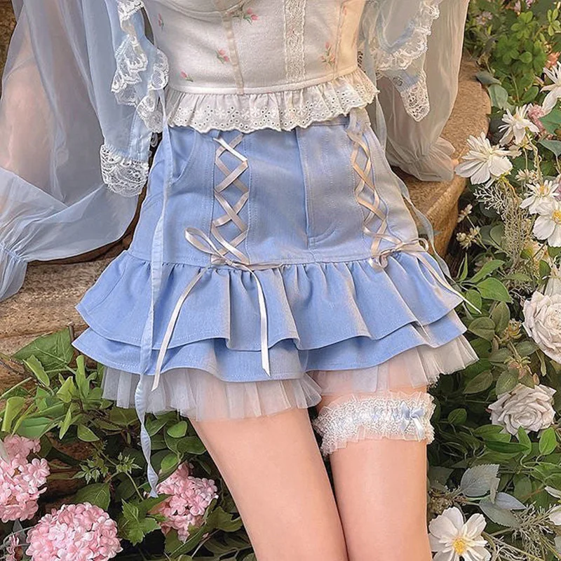 Sweet Cute Mesh Pleated Skirt Patchwork Bandage Lap Skirt High Waist Slim Contrast Color Blue Micro Mini Skirts Lady Summer
Sweet Cute Mesh Pleated Skirt Patchwork Bandage Lap Skirt High Waist Slim Contrast Color Blue Micro Mini Skirts Lady Summer